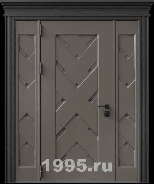 Стальная дверь с металлофиленкой, вставками по бокам, карнизом и порошковым покрытием RAL 7022 (тип №5) Стальная дверь с металлофиленкой, вставками по бокам, карнизом и порошковым покрытием RAL 7022 (тип №5)