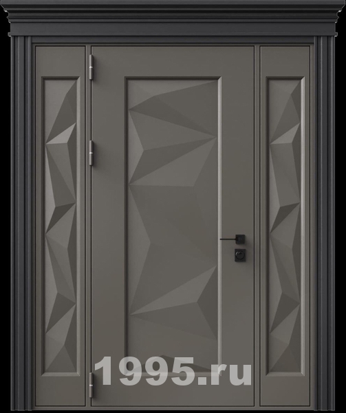 Стальная дверь с металлофиленкой, вставками по бокам, карнизом и порошковым покрытием RAL 7022 (тип №6) Стальная дверь с металлофиленкой, вставками по бокам, карнизом и порошковым покрытием RAL 7022 (тип №6)